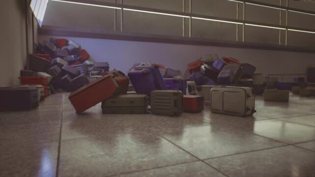 row of suitcases leading to cluttered heap at far end, evening glow and subtle grain create melancholic travel delay mood, unclaimed bags arranged in disarray