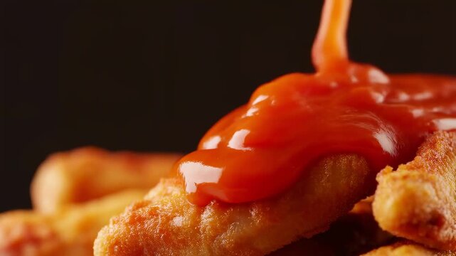 Closeup slow motion tilt of chicken nuggets with ketchup pouring and spreading over breaded surface on dark studio table background