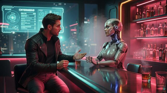 Vibrant city tavern featuring advanced holographic menu displays