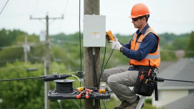 Technician performing signal testing on an HFC node mounted on a utility pole with a clear view of tools and equipment blurred environment.