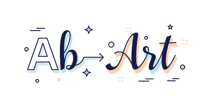 Alphabet transformation concept featuring a simple printed letter transitioning into a decorative calligraphy form with subtle arrow accent, symbolizing