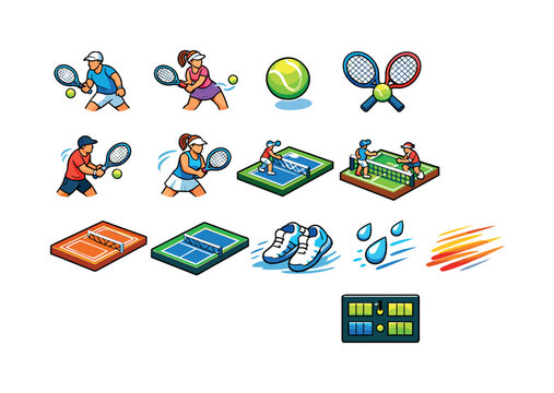 Tennis Rally. Colorful isometric vector icons set of Tennis Rally: two players hitting forehand, two players hitting backhand, tennis ball mid air, crossed