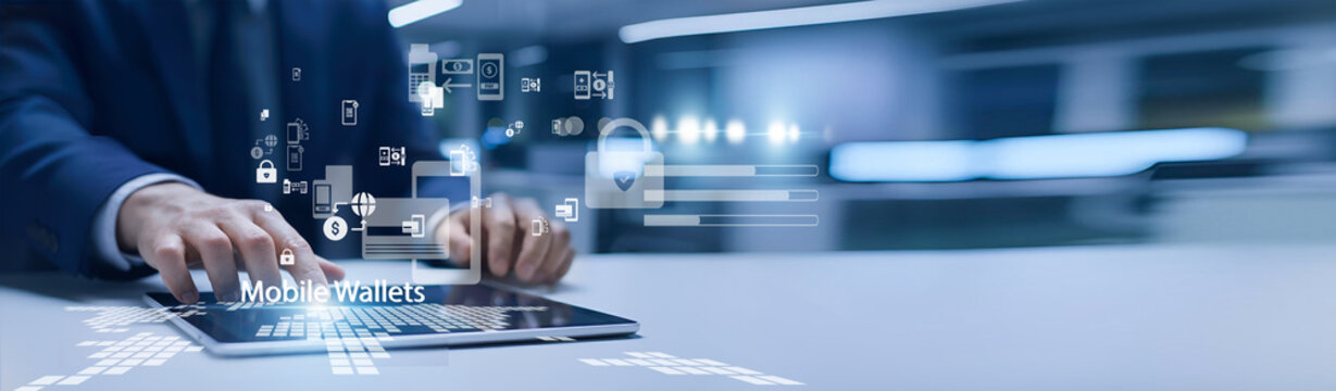 Fintech user holding smartphone app. Mobile wallets enable secure digital payments, money storage, and contactless transactions.