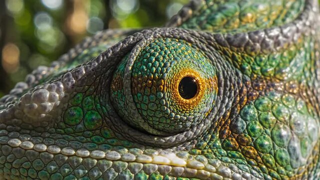 Extreme close up of lizard eye with detailed scales zooming out for nature and wildlife content