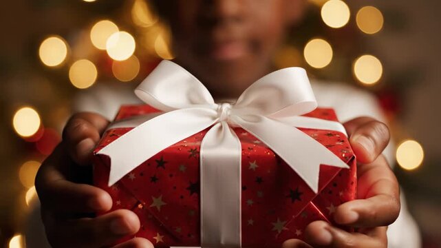 Person holding out red Christmas gift box toward camera in festive holiday setting