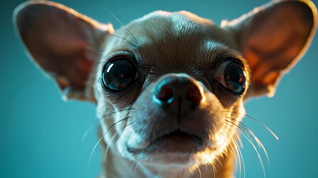 Chihuahua dog zooming closer toward camera on teal studio background for pet and animal content