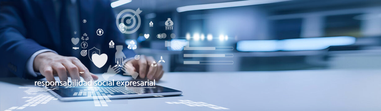 Business leader holding sustainability report. Responsabilidad social empresarial focuses on ethical practices, community impact, and sustainable business.