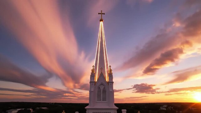 Church steeple glowing with golden light rays against dramatic sunset sky for religious and spiritual content