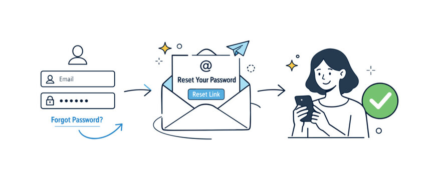 Forgot password flow. Abstract login form elements linked with arrows, a reset email card, and a confirmation checkmark. The scene illustrates a clear and