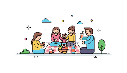 Fototapeta premium Family fun picnic day theme showing simplified figures gathered around a small blanket with fruit and drinks centered in the scene. A warm visual metaphor of