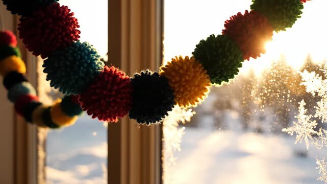 Colorful pompom garland hanging by window with snowy winter landscape in background for holiday decoration