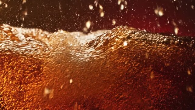 Cola drink splashing and bubbling in glass with slow motion close up for beverage advertising
