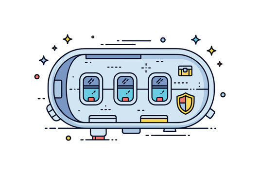 Crew module architecture theme featuring a rounded spacecraft cabin outline with tiny window icons and a subtle shield symbol. The composition communicates