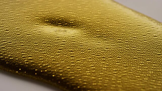 Slow motion tracking pan dolly of golden liquid surface with rising droplets and shimmering texture on studio tabletop neutral background close up