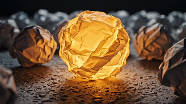 Glowing crumpled paper ball growing brighter among gray paper balls for creativity and inspiration concept