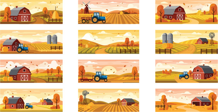 Cartoon autumn farm landscape set with barns tractors fields windmills and rural scenery collection isolated on white background vector illustration