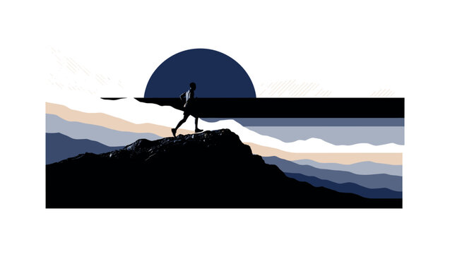 monochrome runner on mountain trail silhouette, deep indigo circle behind figure representing horizon, abstract geometric rectangles forming landscape layers,
