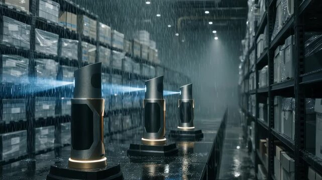 Medium shot of smart sensors scanning humidity levels on shelves filled with organizational records inside a spacious offsite storage facility background gently obscured.