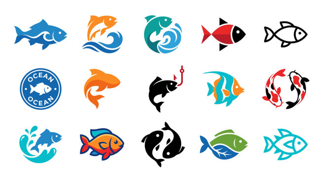 Collection of fifteen stylized fish icons in various colors and designs, showcasing different shapes and poses.