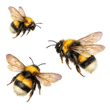 A detailed collection of watercolor bumble bees, featuring fluffy yellow and black bodies with delicate translucent wings in natural flying poses, isolated on a transparent background.