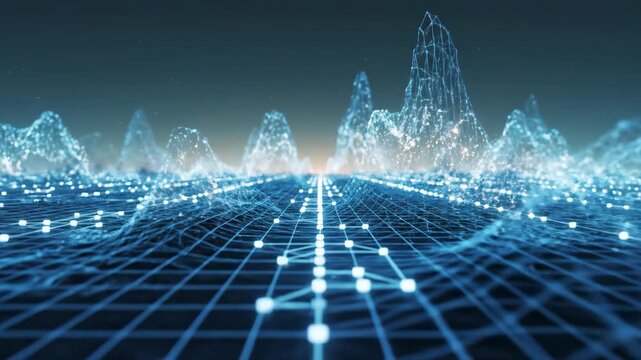 Digital network grid landscape with glowing nodes rising into mountain peaks for technology and data visualization