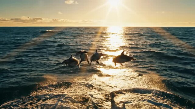 Dolphins leaping and splashing into ocean waves at golden sunset for nature and wildlife content