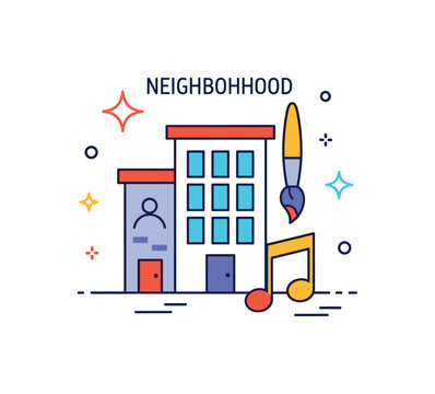Neighborhood creative hub concept with a simple building icon combined with a paintbrush and musical note representing multidisciplinary collaboration and