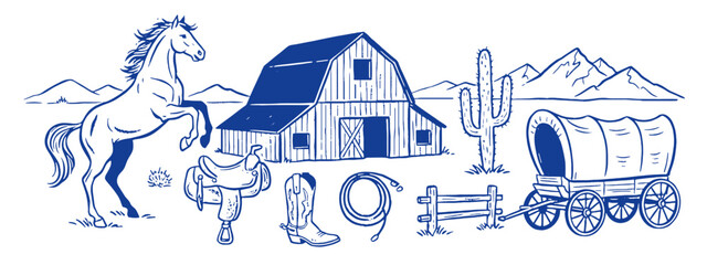 Wild West cowboy vintage artwork. Ranch life illustration for t shirt. Horse and barn desert landscape. Western gear and wagon graphic. Outdoor design © panji
