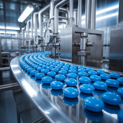 Obraz premium Pharmaceutical Production Line with Blue Pills on Conveyor Belt in Factory