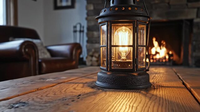 Vintage lantern glowing on rustic wooden table with fireplace in cozy living room interior