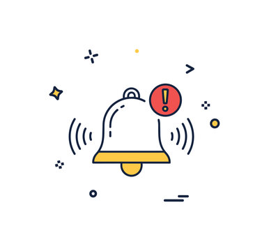 School bell alert notification idea featuring a minimal bell icon with small exclamation mark accent and tidy sound waves around it. A clear visual metaphor of