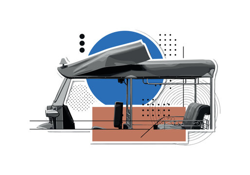 Realistic black and white tuk-tuk roof canopy flapping slightly, vibrant blue circle accent behind upper frame, muted clay-colored rectangular block anchoring
