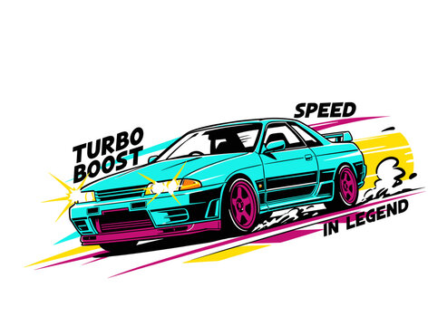 Sport car print design. Turbo boost speed in legend. Fast wheels racing poster. JDM car artwork for apparel. Extreme speed.