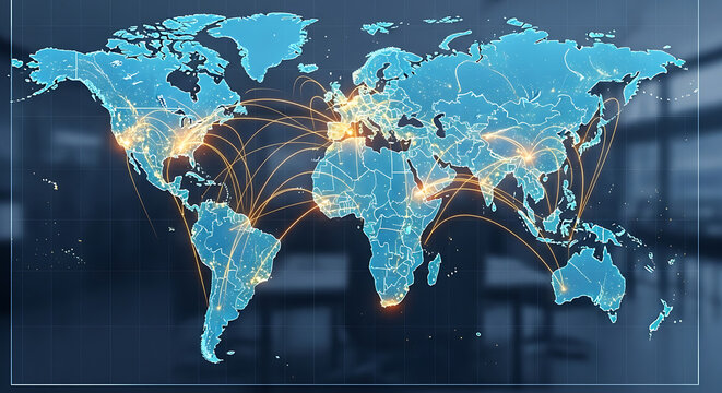 A digital illustration of a world map with glowing connections between cities