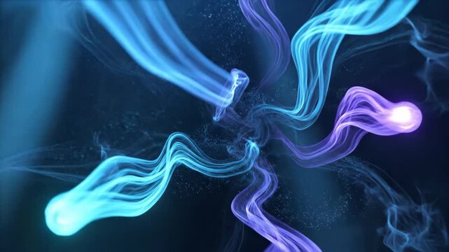 Glowing blue and purple smoke entities flowing and dissolving on dark background for abstract intro