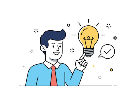 Problem solved moment smiling character pointing at a glowing bulb with a subtle check mark badge, representing successful thinking and confident decision