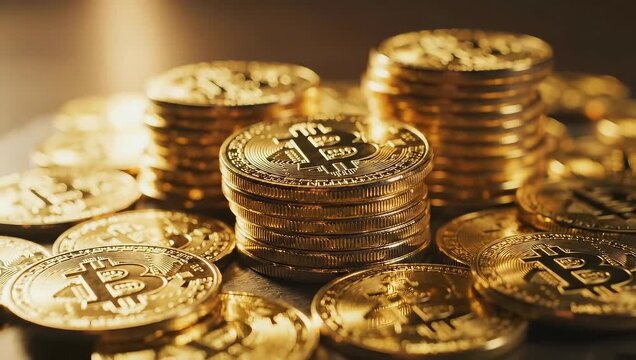 Close-up of shiny bitcoin stacks on table. Digital currency concept showcases cryptocurrency investment and values. Bitcoin shines bright, symbolizing wealth and finance.