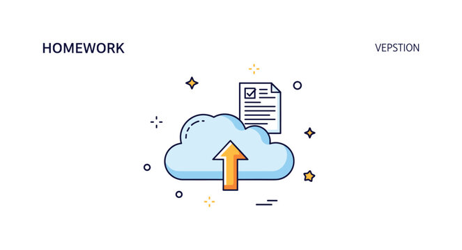 Digital homework submission system centered on a cloud with an upload arrow and small assignment document icon, expressing streamlined workflows and paperless
