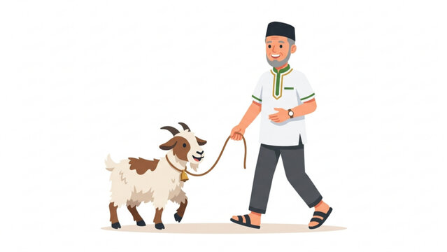 Muslim Man Leading Goat for Eid al-Adha Sacrifice