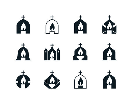 church festivals. Icon set. Set Logo of church festivals: candle flame. harmonious logo variations of the same emblematic concept, each with different artistic