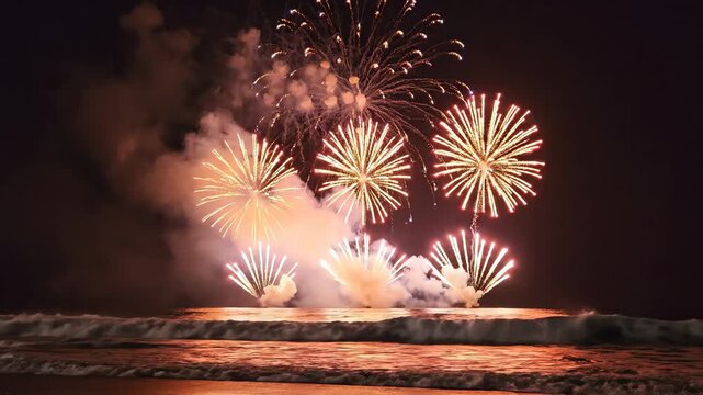 Colorful fireworks exploding over ocean beach at night for celebration and event content