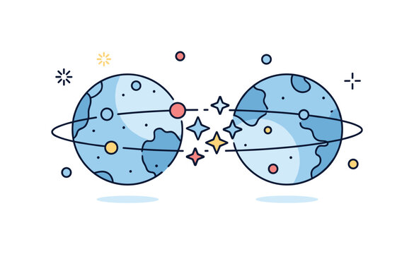 Cosmic overlap worlds showing two slightly intersecting spheres with shared stars in the middle conveying the idea of realities touching at a single point. The