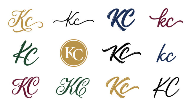 Twelve different handwritten style KC logo variations in various colors and fonts, arranged in a grid on a white background.