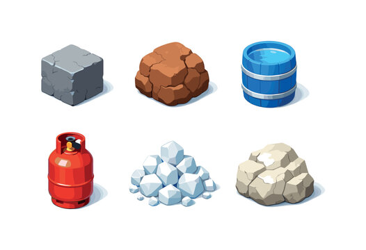 Natural Resources. Isometric flat vector icons set of natural resources: stone block, clay lump, fresh water barrel, natural gas cylinder, salt crystals pile,