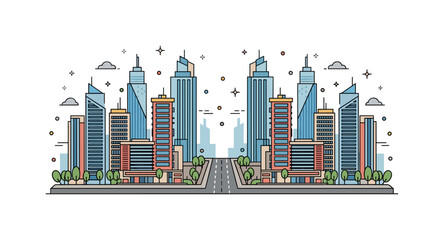 Fototapeta premium Modern skyline under construction illustrated from a top perspective with symmetrical building footprints and a central roadway cutting through the project.