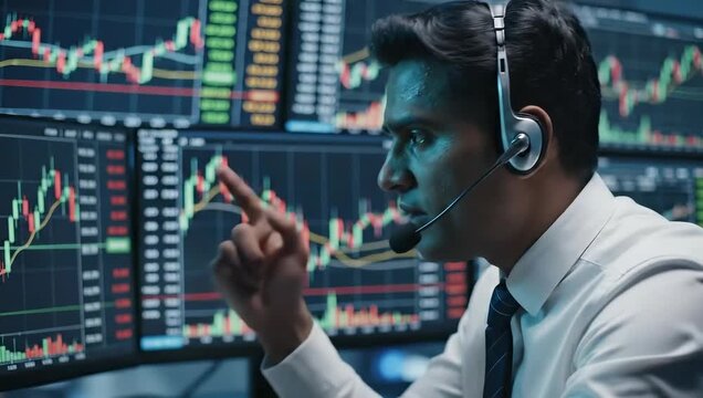Financial analyst assesses stock market trends. Trader uses multiple screens for real-time data analysis. Dynamic atmosphere drives investment decisions.