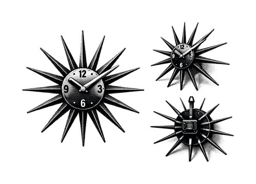 Wall clock analog ? starburst wall clock with radiating spokes and central circular face, presented in straight-on view, three-quarter angle, and rear view to