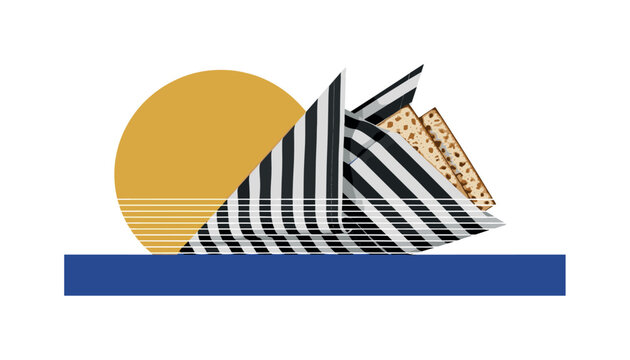 Black and white striped napkin folded into a sharp geometric shape with matzah hidden inside, oversized golden yellow circle cropped by the frame edge, deep