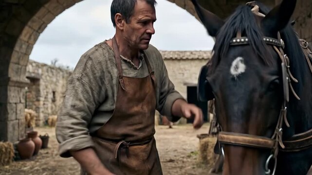 Caucasian man in historical attire preparing a dark horse with harness in an old courtyard from various perspectives.