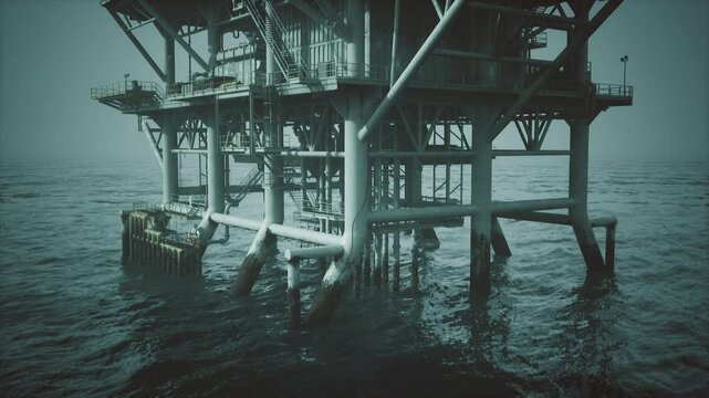 Offshore platform legs steel pipes algae encrustation, choppy teal ocean and rising spray, closeup textures of rusted joints and marine growth, moody industrial